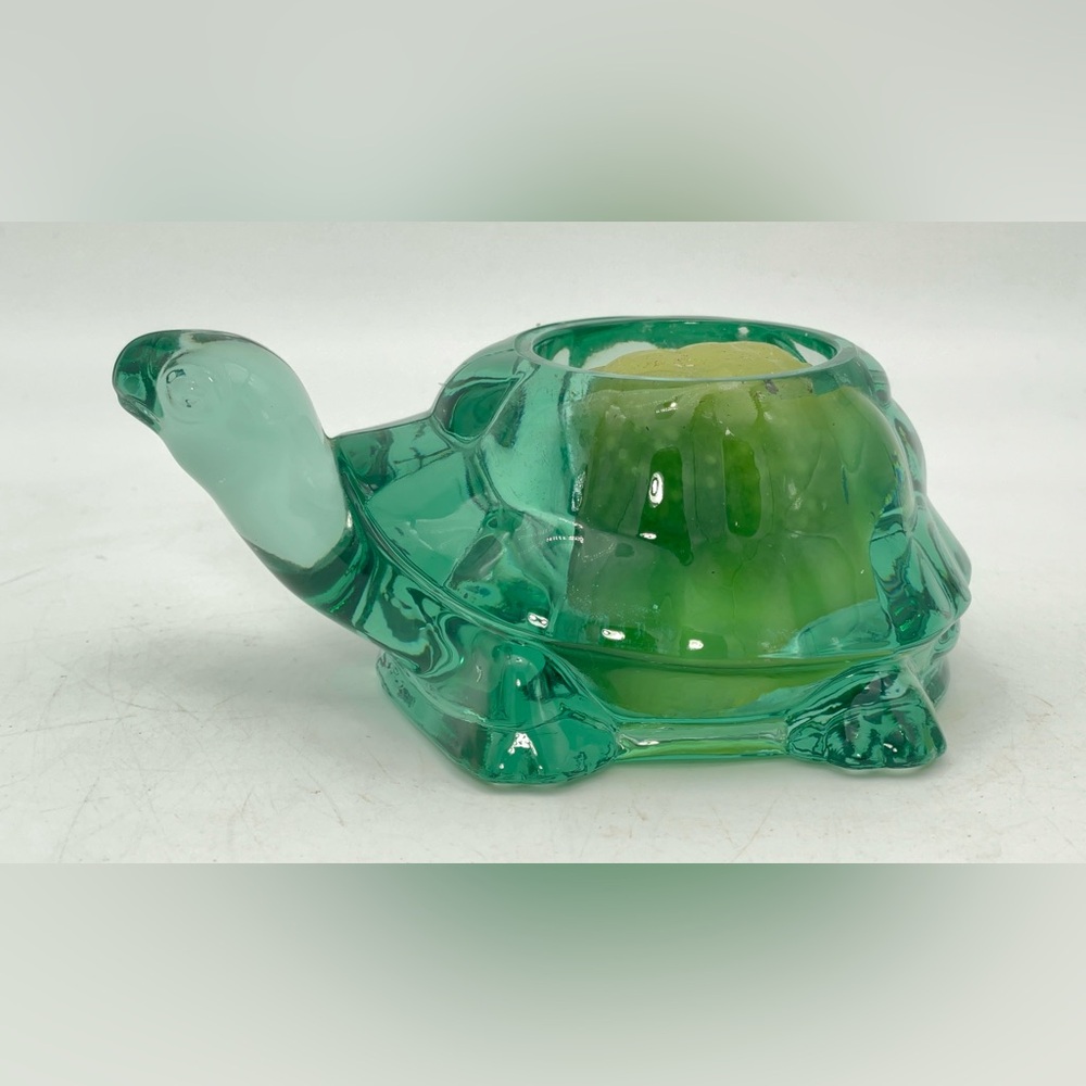 vintage Indiana Glass Turtle Votive Candle Holder in Spanish Green Glass